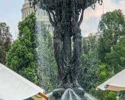 The Bartholdi Fountain is an iconic centerpiece in The Bartholdi Fountain is an iconic centerpiece in Bartholdi Park. It is approx. 30 feet high and lies across Independence Avenue from U.S. Botanic Ga